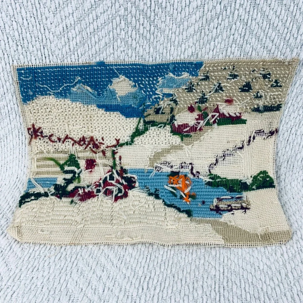 Handmade Needlepoint Winter Village Scene Farm Red Barn Snow Folk Art Tapestry